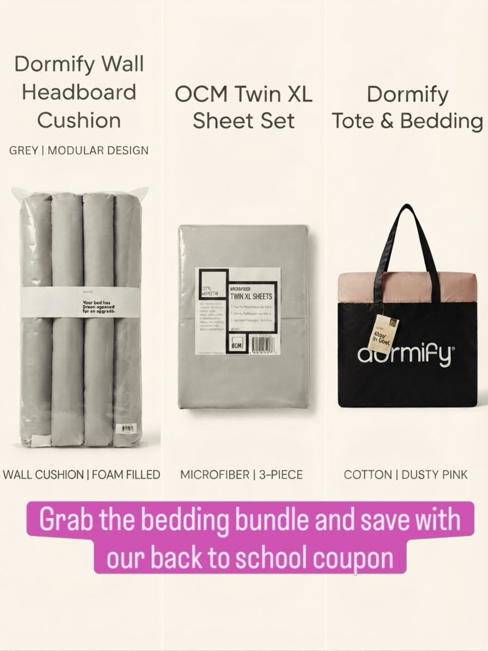 Dormify Grey Wall Headboard Cushion, Twin XL sheet set, Twin XL/Full comforter